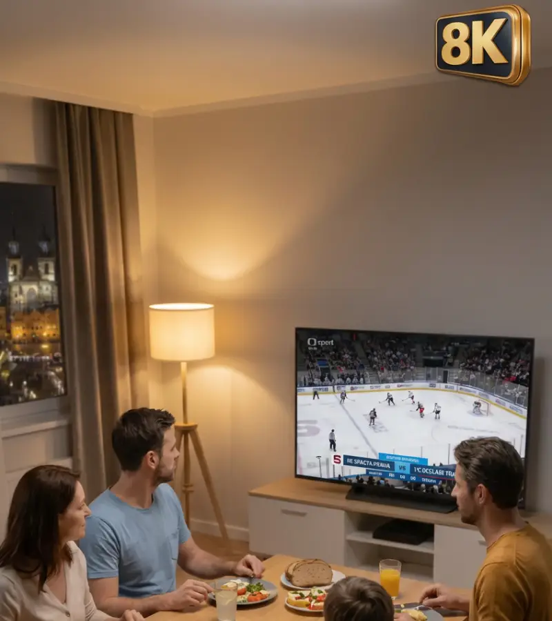 Rodina sleduje sport na IPTV Česko pomocí Strong 8K na Smart TV během večeře